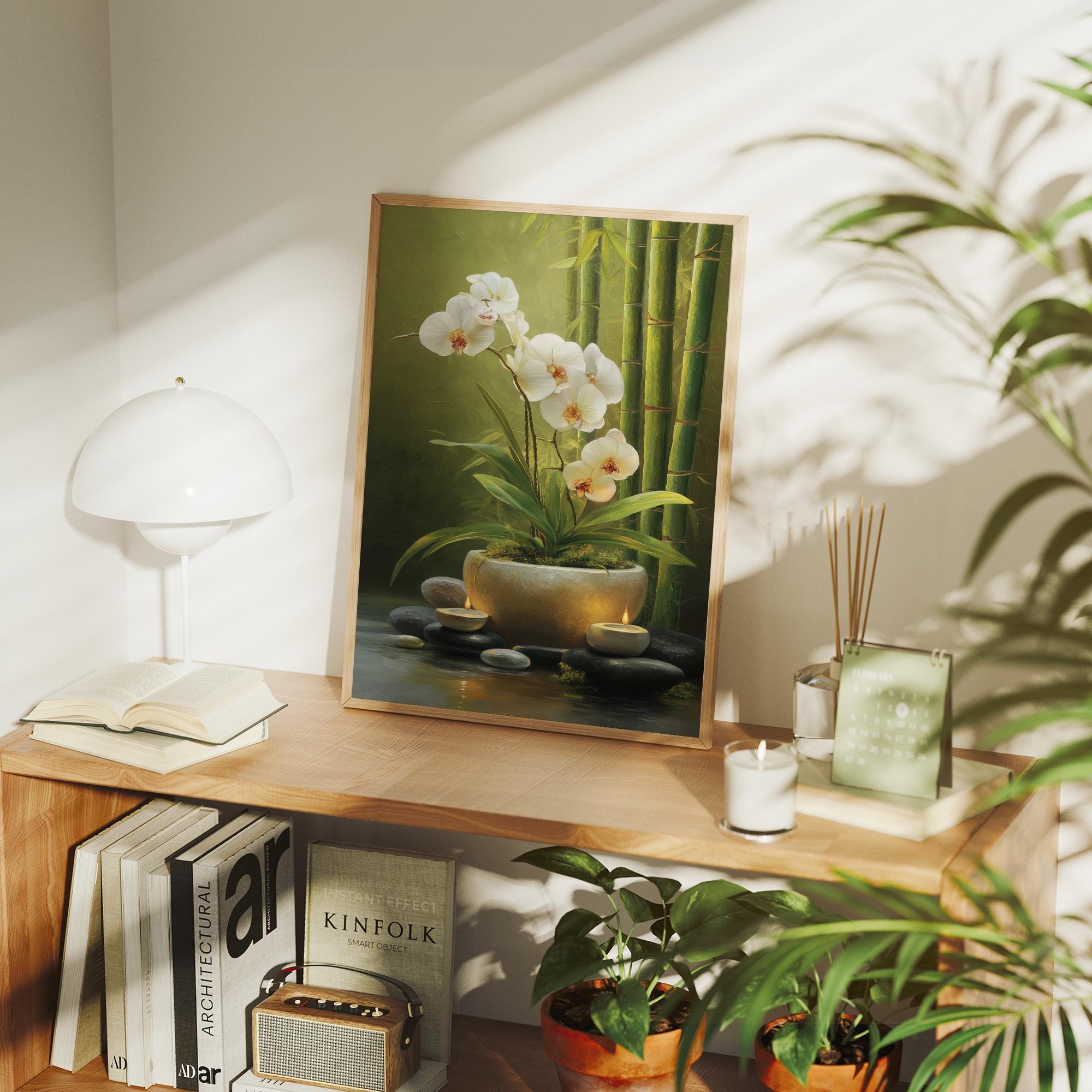 Zen Orchid and Bamboo Canvas Art, Tranquil Spa Candle Painting