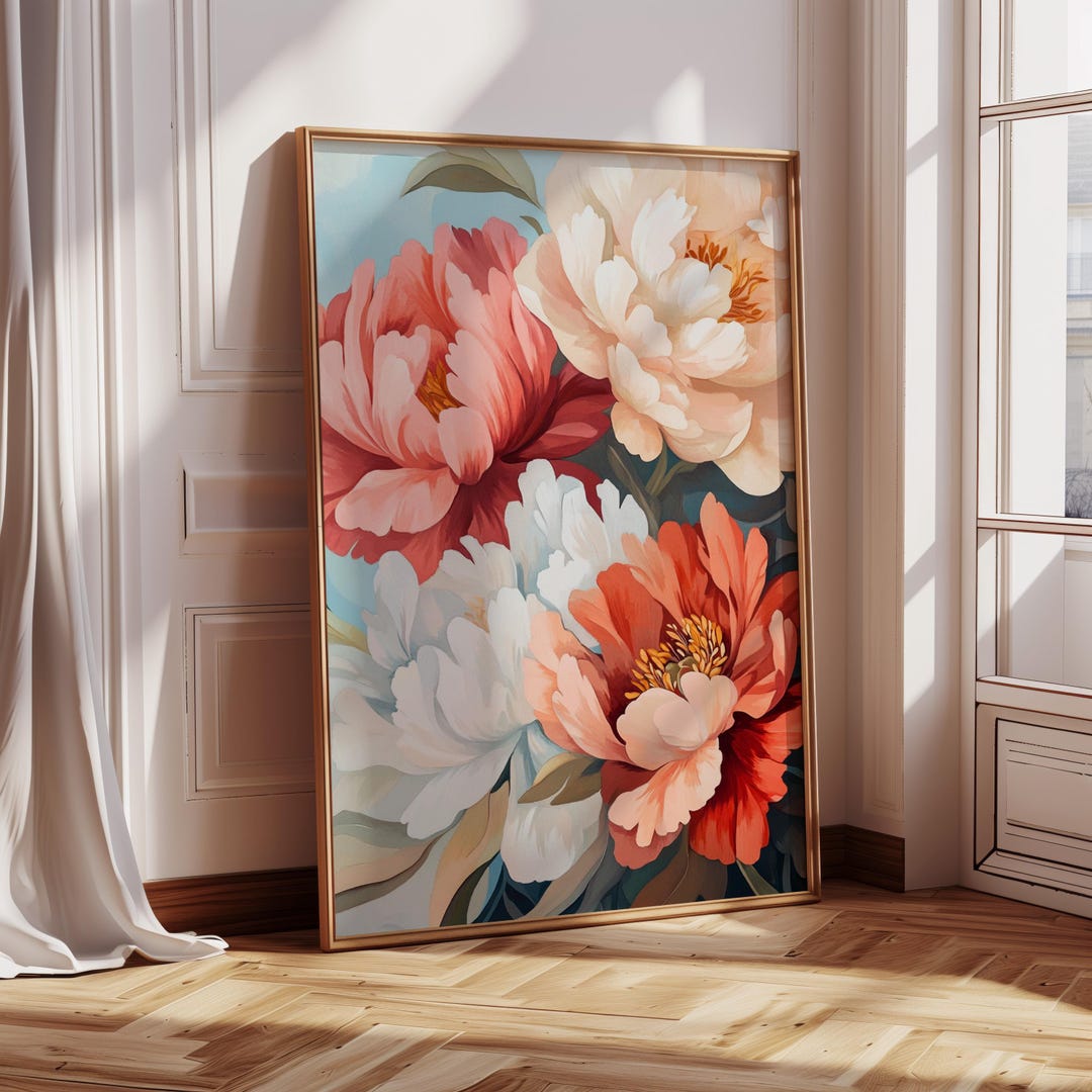 Vintage Peony Floral Canvas | Red White Blush Flower Wall Art for ...
