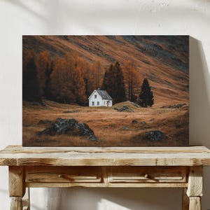 Autumn Cabin in the Woods Canvas Wall Art | Cozy White Cottage Surrounded by Fall Trees | Rustic Landscape Print for Farmhouse Home Decor