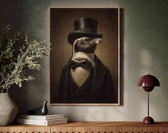 May include: Framed artwork featuring a penguin in formal attire: a black top hat, bow tie, and suit. The penguin has a black and white body and a serious expression. The background is a sepia tone, and the frame is a light brown.