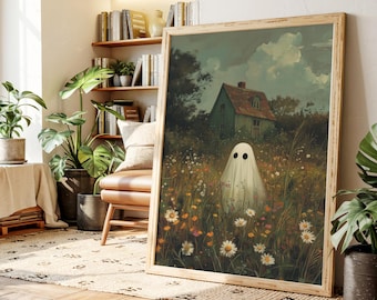 Może przedstawiać: Oprawiony wydruk artystyczny przedstawiający ducha na polu dzikich kwiatów. W tle mały zielony domek z czerwonym dachem. Grafika ma styl vintage, z miękkimi kolorami i senną atmosferą.