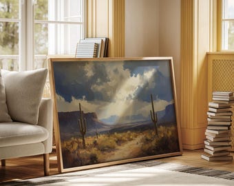 Desert Landscape Canvas Wall Art, Southwestern Cactus Painting Print, Arizona Nature Artwork, Western Desert Sunset Home Decor