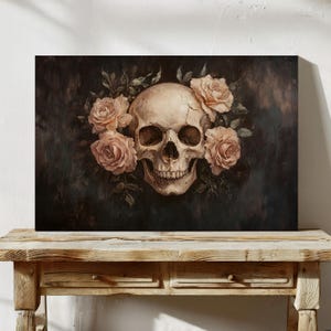 Gothic Skull and Roses Canvas Wall Art - Vintage Floral Dark Aesthetic Decor for Gothic Homes and Dramatic Spaces