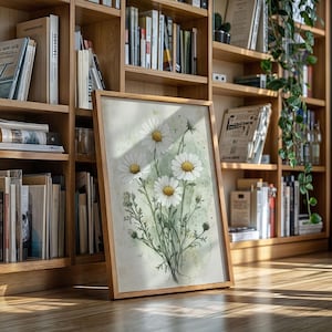 Rustic Wild Daisy Botanical Wall Art, Vintage Style Floral Watercolor Poster, Chamomile Illustration Canvas Print for Cottagecore Decor
