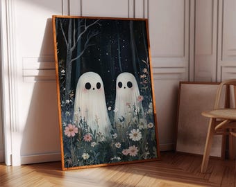 Niedliche Geister Paar Leinwand, wunderliche Halloween Wand Kunst mit Blumen, gruseliger Wald Druck, Pastel Ghostcore Ästhetik Raumdekor