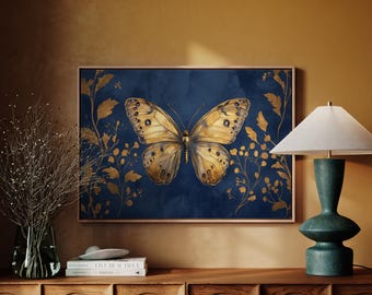 Golden Butterfly Canvas Art, Navy and Gold Wall Decor, Elegant Vintage Botanical Print for Luxe Interior