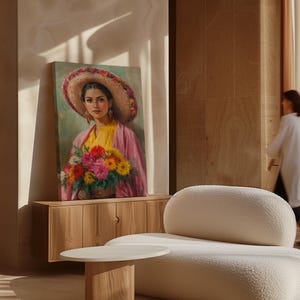 Mexicaans vrouwenportret - kleurrijke sombrero, levendig bloemenboeket, traditionele Mexicaanse kunstschilderij voor culturele muurdecoratie afbeelding 2