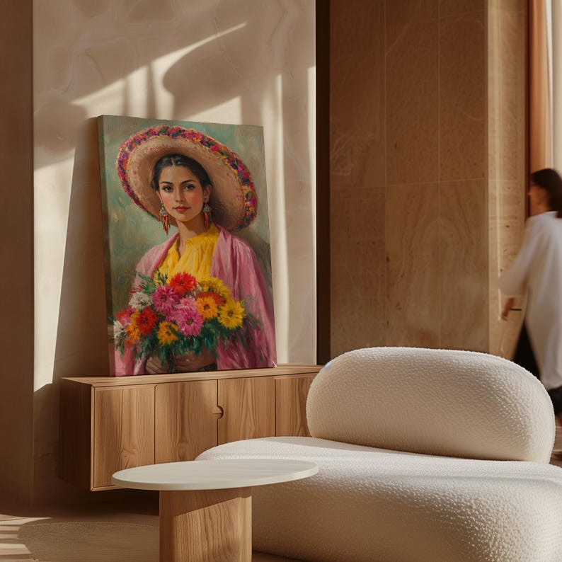Mexicaans vrouwenportret - kleurrijke sombrero, levendig bloemenboeket, traditionele Mexicaanse kunstschilderij voor culturele muurdecoratie afbeelding 2