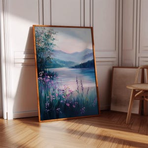 Peaceful Lake Sunset Canvas Wall Art, Lavender Wildflower Landscape Print, Tranquil Mountain Scene Painting for Nature-Inspired Decor