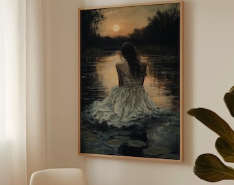 May include: A painting of a woman in a white dress sitting in a lake at sunset. The woman is facing away from the viewer and her long dark hair is flowing in the water. The lake is surrounded by trees and the sky is a soft orange color.