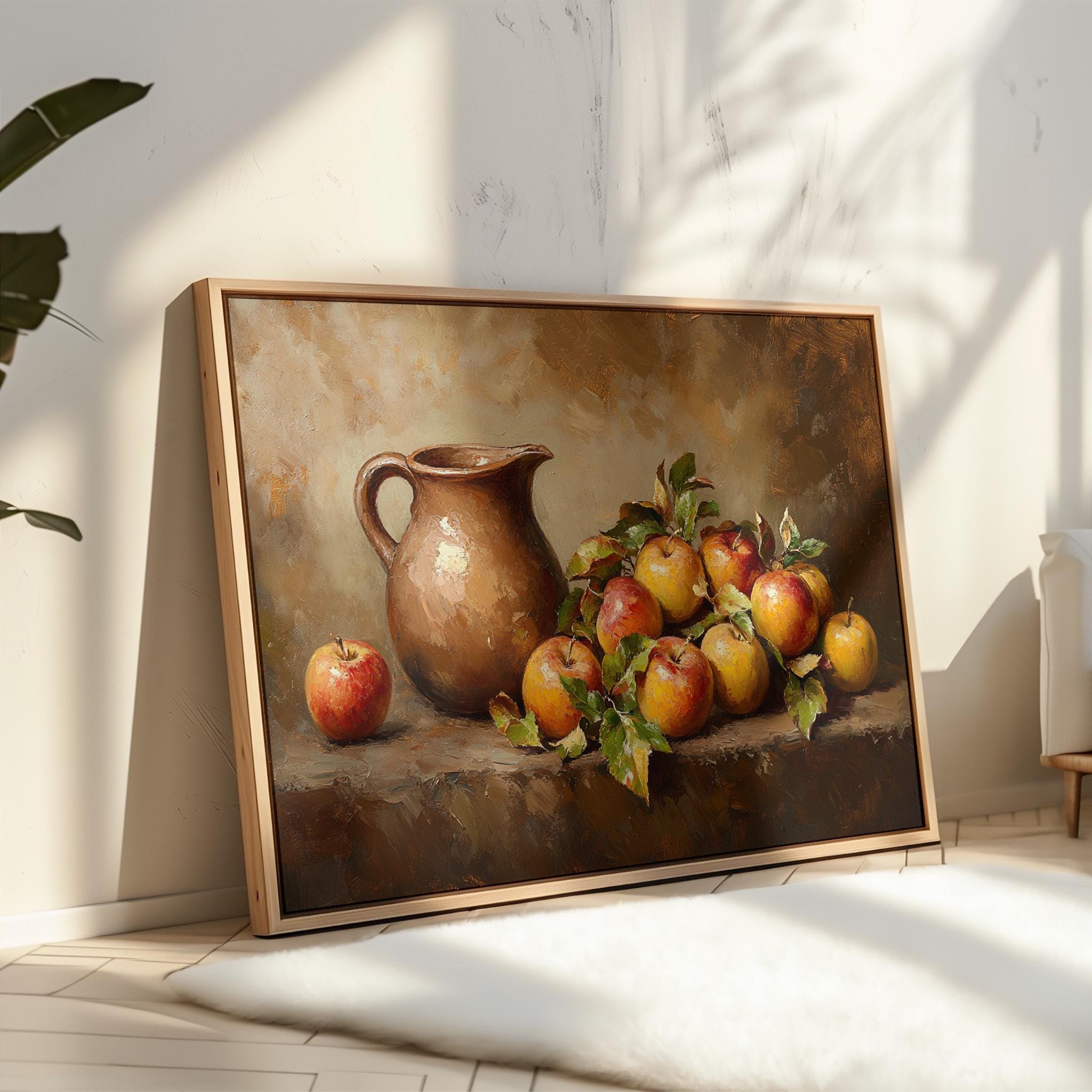Rustic Hand-painted Apple Still Life With Ceramic Pitcher, Vibrant