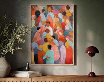 Pintura abstrata colorida de pessoas em uma multidão