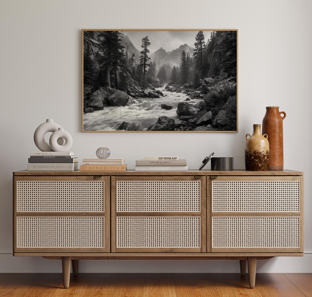 Black and White River Canvas Wall Art | Majestic Mountain Stream With ...