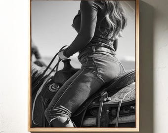 Cowgirl on Horseback Wall Art | Black and White Western Photography with Rustic Saddle Detail