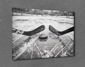 Ice Hockey Canvas Wall Art Print, Hockey Stick Decor, Ice Skating Sports Art, Hockey Puck Art, Black and White Style Art