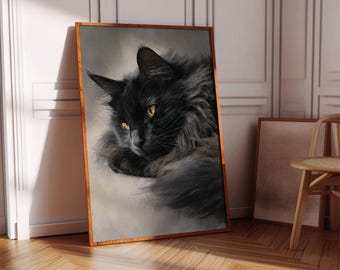Black Cat Wall Art Print, Mystical Feline with Golden Eyes, Witchy Gothic Home Decor, Halloween Black Cat Painting for Cat Lovers