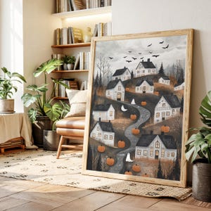 Halloween Village Canvas Art – Spooky Ghosts, Pumpkins & Bats in Cozy Haunted Houses Scene, Whimsical Autumn Decor for Fall Season