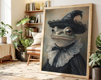 Frog in Victorian Lace Collar and Feather Hat – Whimsical Anthropomorphic Animal Portrait for Cottagecore, Dark Academia, Frog Lovers