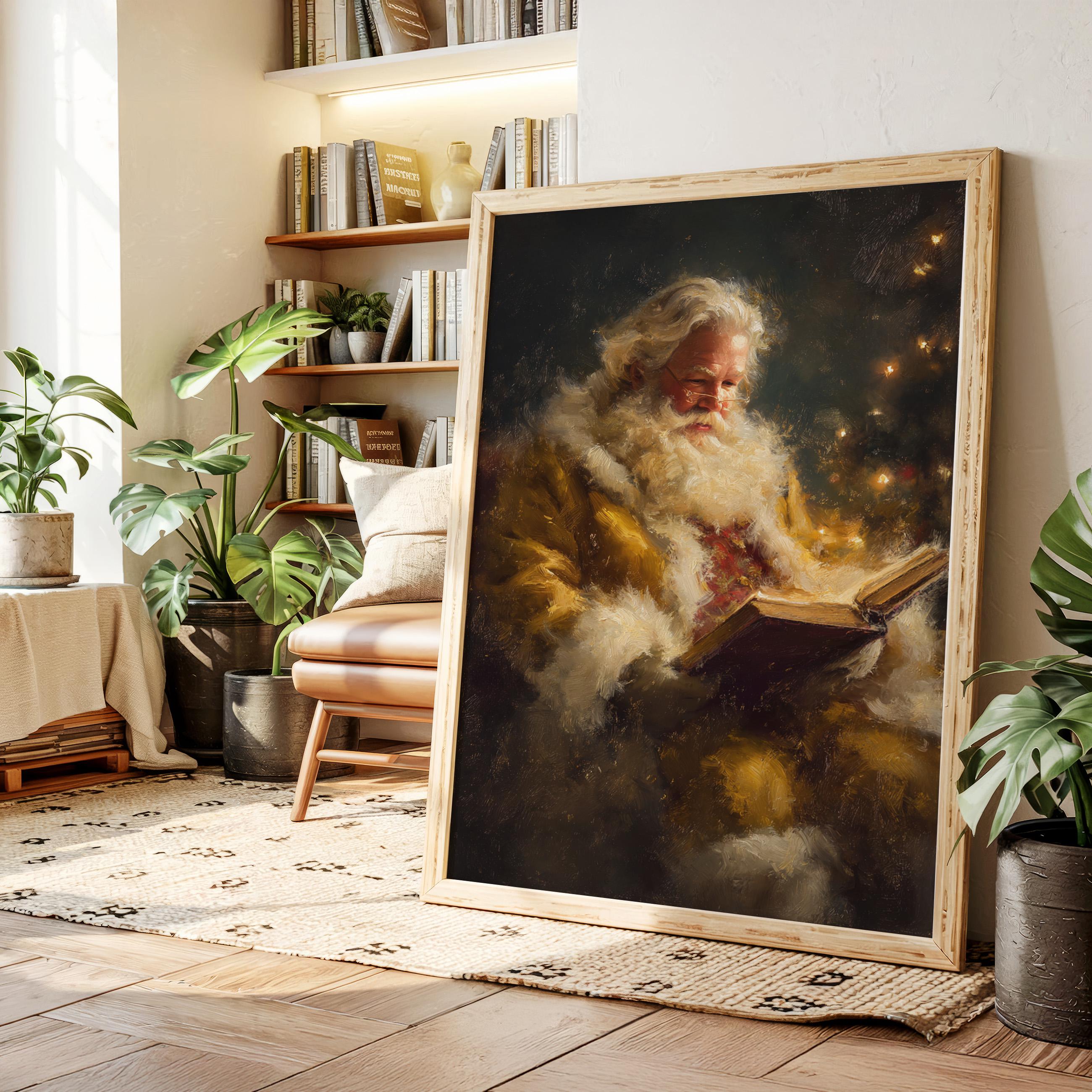 クリスマスツリーのそばで読書をするサンタクロースのキャンバス