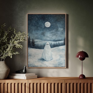 Winter Ghost Under Full Moon | Snowy Landscape Gothic Art | Spooky Christmas Wall Decor | Minimal Ghost Spirit Print