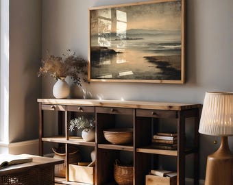 Neutrale Küstenlandschaft Leinwandkunst, minimalistische Seelandschafts-Wand-Dekor, beige Ozean-Sonnenuntergang-Druck für Wohnzimmer, moderne Strandkunst