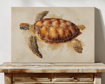 Sea Turtle Watercolor Canvas Wall Art | Coastal Ocean Animal Print in Earthy Tones | Beach House Nautical Decor with Vintage Vibe