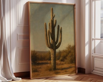 Desert Cactus Canvas Wall Art – Vintage Oil Painting of Saguaro in Southwest Landscape for Rustic Western Home Decor