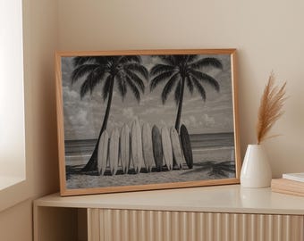 Surfboard Wall Art Print – Vintage Black and White Beach Photography with Palm Trees, Coastal Surf Decor for Ocean Lovers