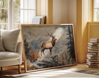 Lienzo de alce majestuoso en un paisaje nevado de montaña, póster de vida silvestre, decoración de cabaña rústica, cuadro de ciervo para colgar en la pared