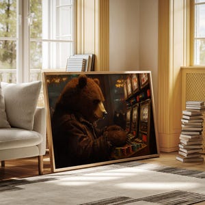 Gambling Bear Canvas Art, Vintage Casino Wall Decor, Anthropomorphic Animal Painting, Slot Machine Artwork, Funny Gambling Poster