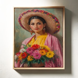 Mexicaans vrouwenportret - kleurrijke sombrero, levendig bloemenboeket, traditionele Mexicaanse kunstschilderij voor culturele muurdecoratie afbeelding 5