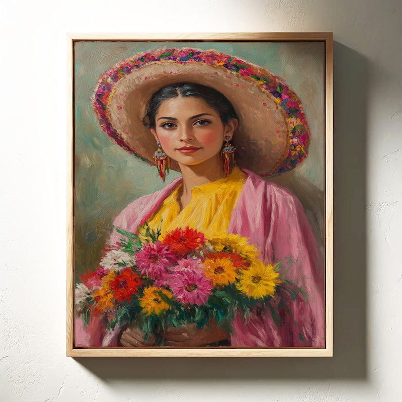 Mexicaans vrouwenportret - kleurrijke sombrero, levendig bloemenboeket, traditionele Mexicaanse kunstschilderij voor culturele muurdecoratie afbeelding 5