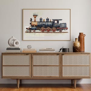 May include: A watercolor painting of a vintage steam locomotive train with red, blue, and brown details. The train is on a white background with a light blue wash.