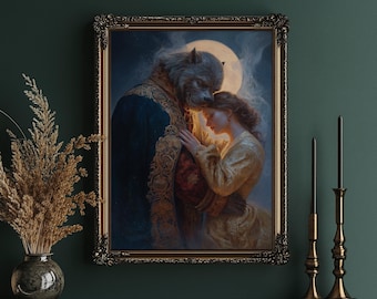 Romantic Beauty and Beast Embrace Under Full Moon