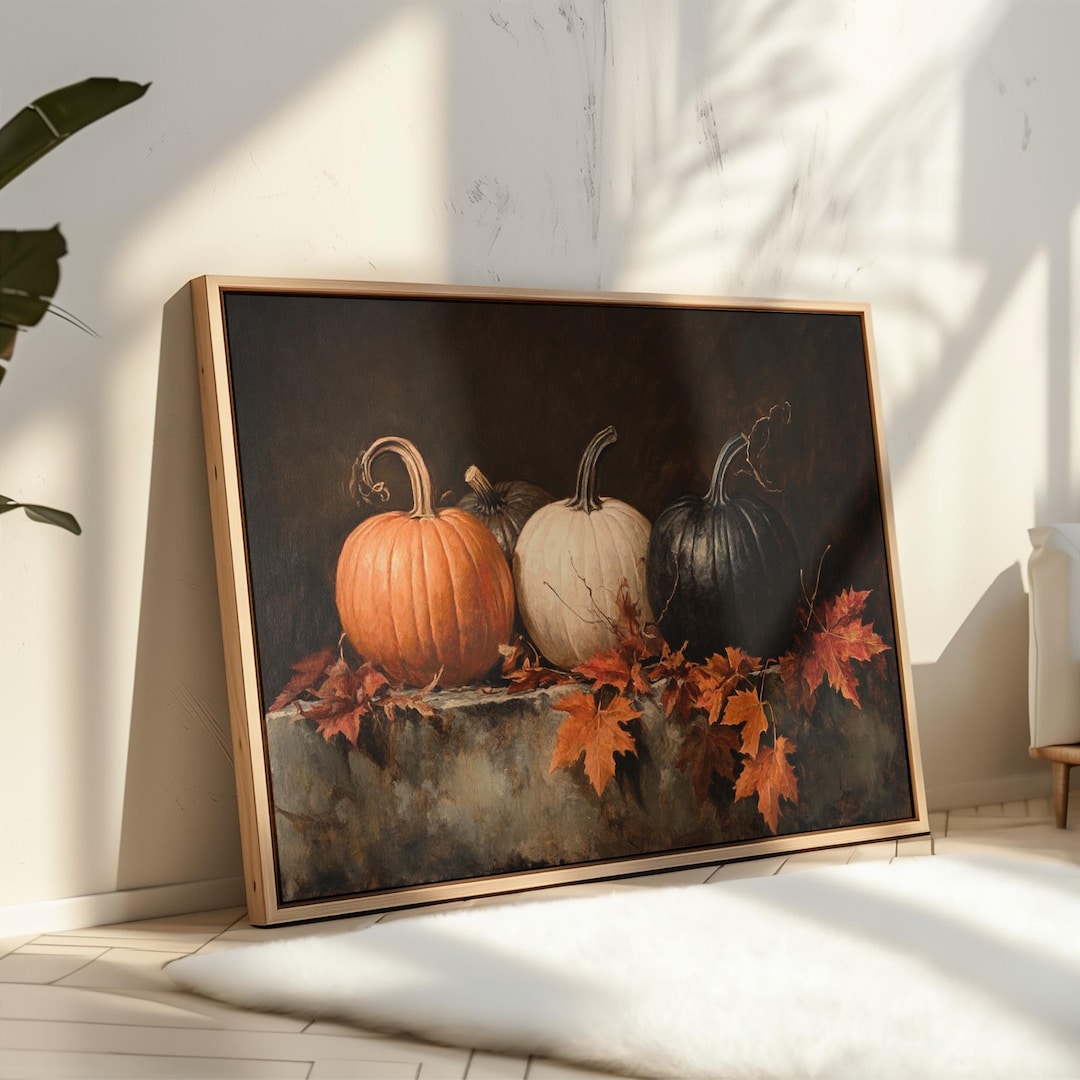 Elegant Fall Pumpkin Still Life Canvas Wall Art With Orange, White ...