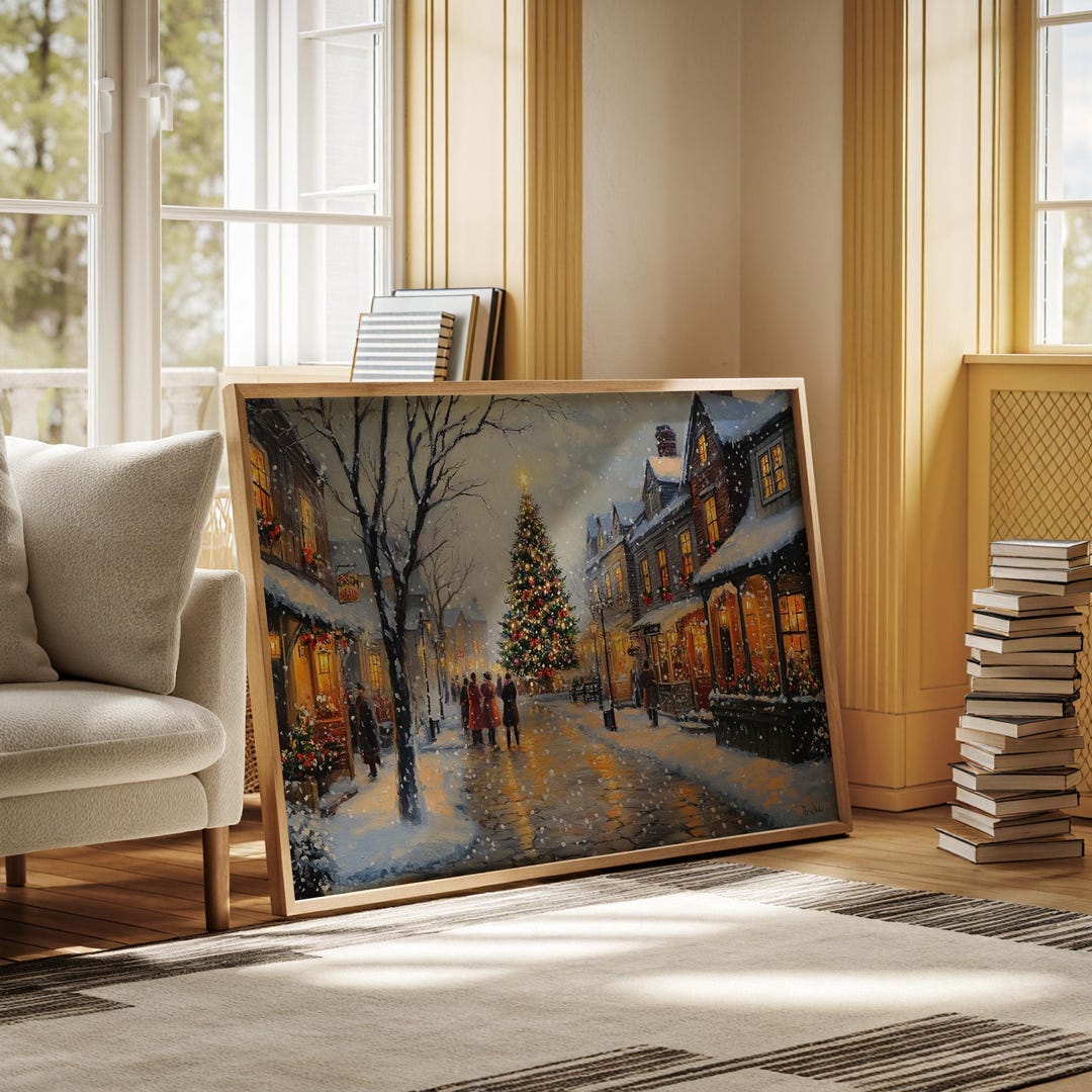 Vintage Christmas Town Canvas Wall Art, Snowy Winter Village Scene With ...