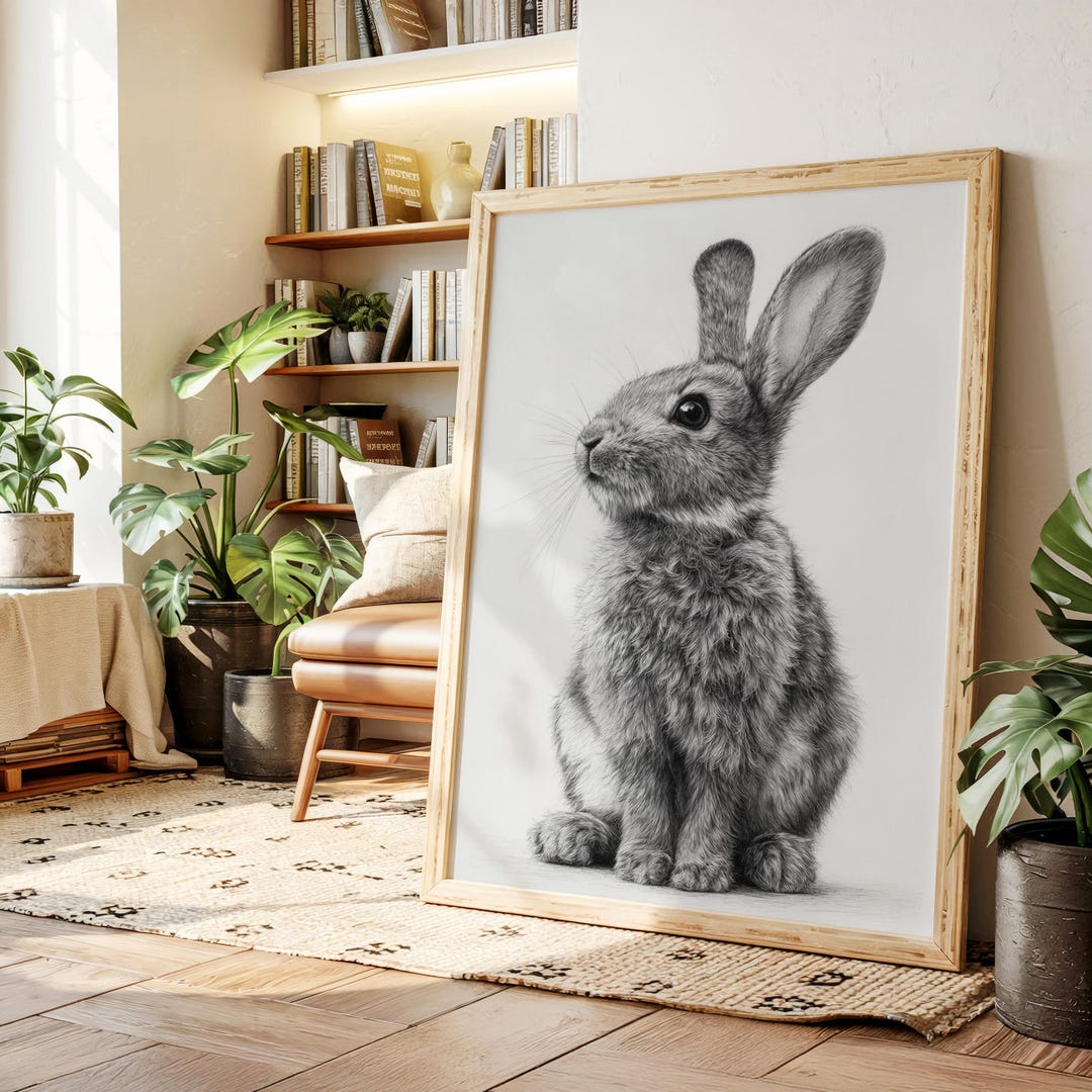 Realistic Rabbit Drawing Canvas Wall Art, Black and White Bunny ...
