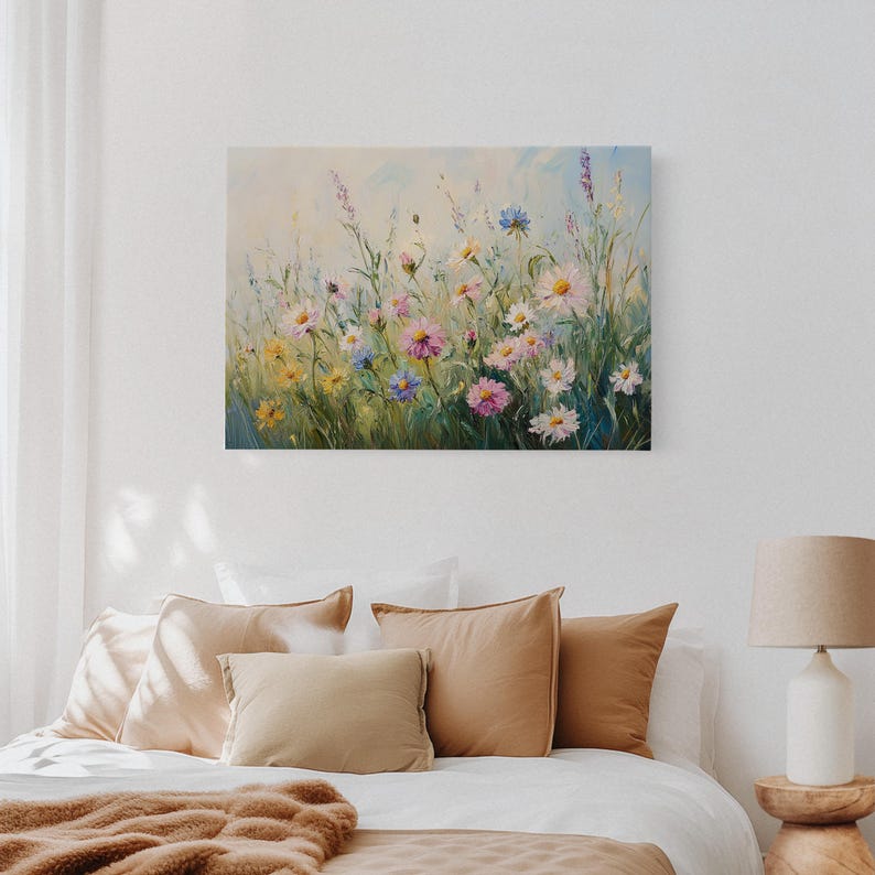 Vibrant wildflower meadow canvas wall art featuring colorful pink, yellow, and blue flowers in an oil painting style. Perfect for farmhouse, cottagecore, or botanical-inspired home décor.