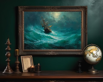 May include: A framed oil painting depicts a ship at sea during a storm. The artwork features a dark, ornate frame and is displayed above a wooden table. A globe, candles, and decorative items are arranged on the table, creating a classic, vintage aesthetic.