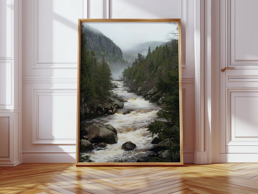 Rushing River in Misty Forest Canvas – Moody Mountain Stream Landscape ...