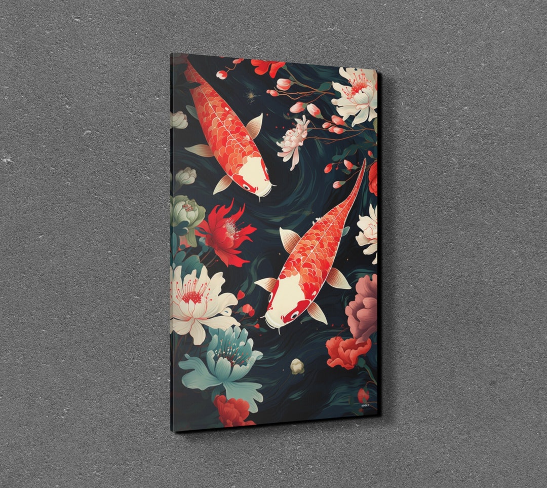 Koi Fish Canvas Wall Art, Two Koi Fishes Nature Animal Wall Art