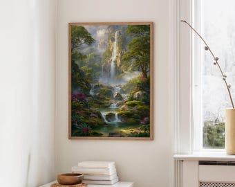 Exuberante paisaje paradisíaco de cascadas con piscinas cristalinas y flores silvestres