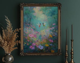 Whimsical Fairy Garden Canvas Art, Enchanted Floral Meadow Painting, Colorful Fantasy Fairies Wall Decor for Kids Rooms & Magical Spaces