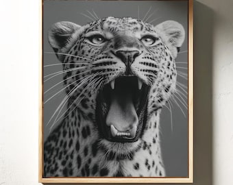Roaring Leopard | Black and White Wildlife Wall Art