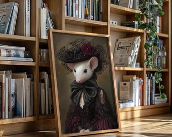 Viktorianisches Maus-Porträt in burgunderrotem Kleid mit Spitzenhut - Anthropomorphe Tier-Wandkunst für die wunderliche Gothic Vintage Dekoration
