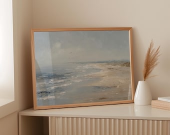 Minimalist Coastal Canvas Wall Art | Serene Seascape Painting with Ocean Waves & Sandy Beach | Neutral Modern Coastal Home Décor