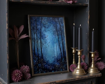 Art de la forêt bleu nuit onirique avec lueur de luciole