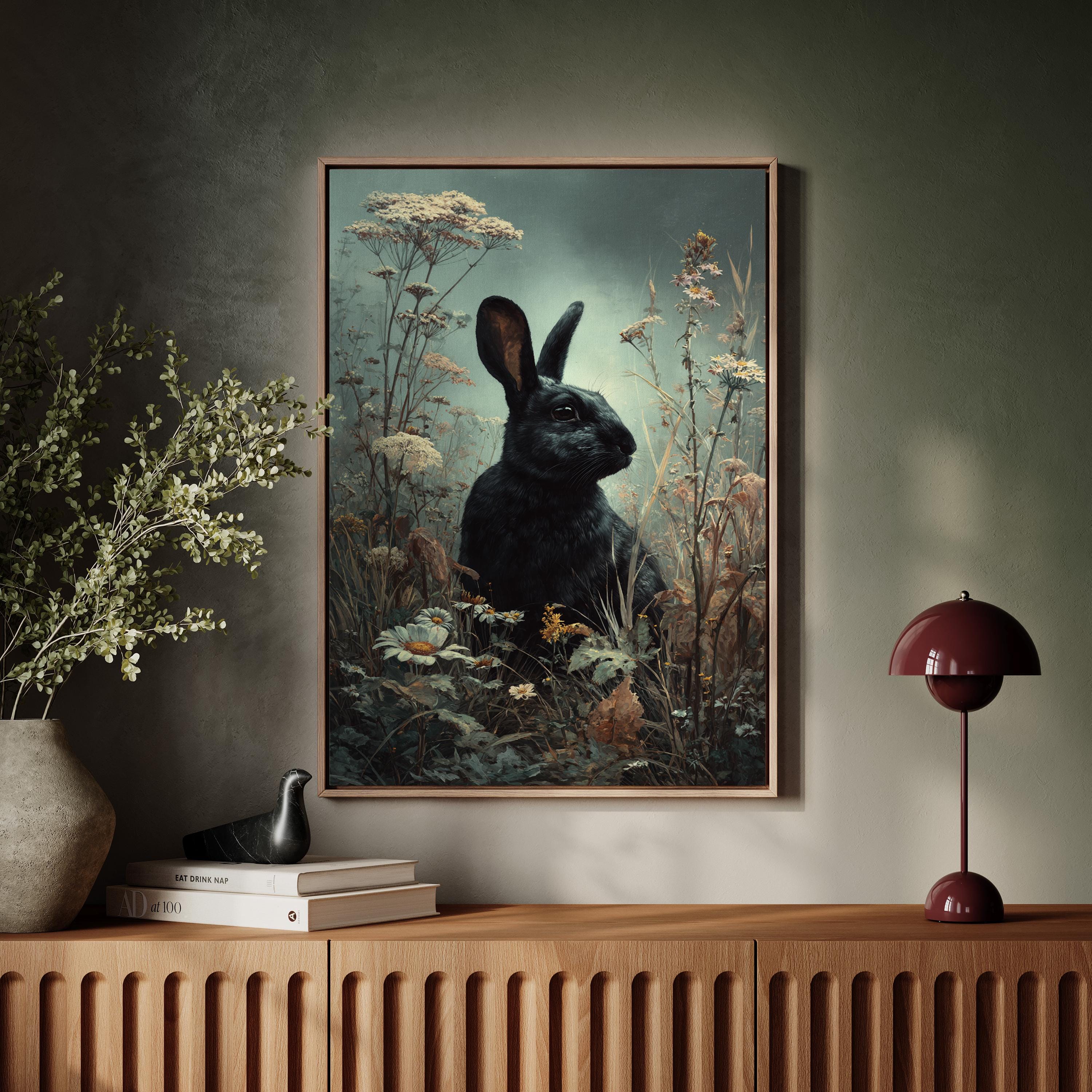 Black Rabbit in Wildflowers Art Print – Moody Forest Bunny Wall Decor ...