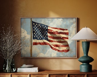 Arte de pared en lienzo con la bandera estadounidense / Pintura patriótica de EE. UU. con estrellas y rayas y pinceladas rústicas / Decoración de veteranos militares del 4 de julio
