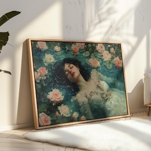 Romantic Woman in Water with Roses Canvas - Ethereal Floral Wall Art, Dreamy Vintage Decor, Elegant Feminine Artwork for Home